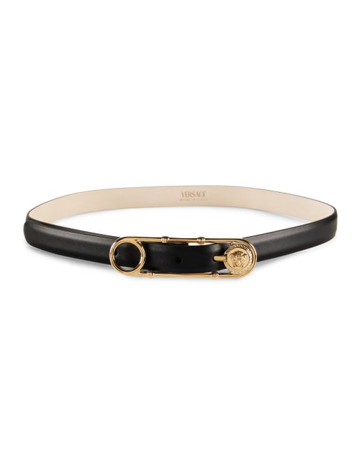 Versace Women's Black Safety Pin Leather Belt Gold 7.5