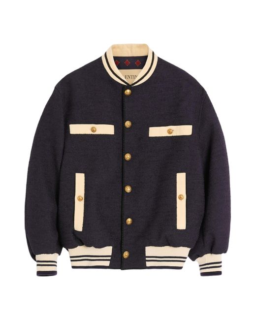 Valentino Garavani  Dark Blue Mens Cotton Tweed Bomber Jacket