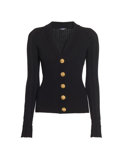 Balmain Women's Black Engraved Button Rib-Knit Cardigan