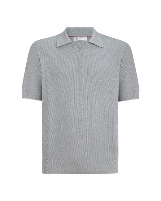 Brunello Cucinelli Men's Gray Cotton English Rib Knit Polo Shirt