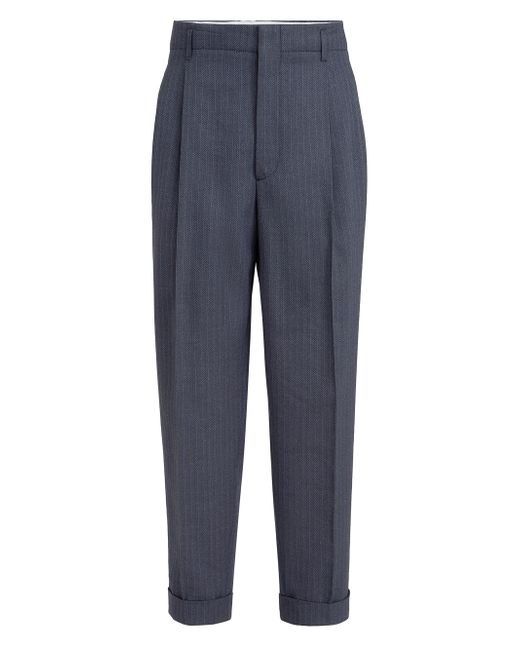Brunello Cucinelli Men's Blue Virgin Wool And Paper Fiber Chevron Trousers With Double Pleats