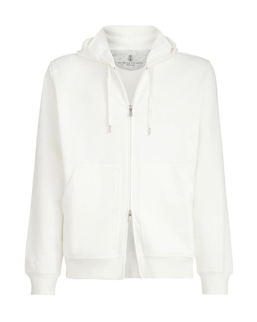 Brunello Cucinelli Men's White Techno Cotton French Terry Hooded Sweatshirt With Zipper