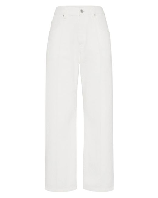 Brunello Cucinelli Dyed Denim Contemporary Square Trousers With Monili Da Women Di Colore Bianco