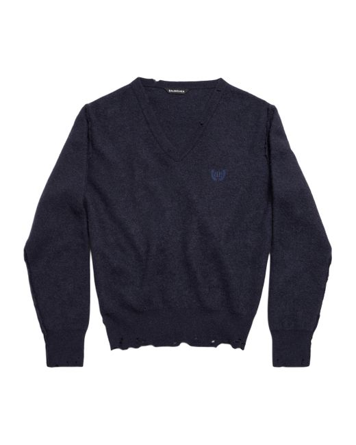 Balenciaga Women's Dark Blue Laurel Classic Inside-Out V-Neck Sweater