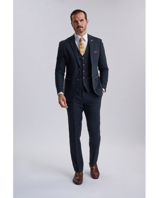 Santoro Milan Madrid Navy Tweed Check Three Piece Suit Da Men Di Colore Blu Scuro