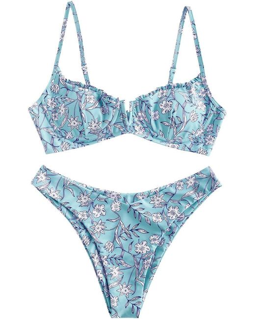 Zaful  Floral Two-Piece Bikini Pattern High Cut With Underwire Blue Uk8