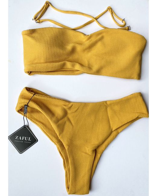 Zaful  Yellow Bandeau Strapless Top Bottoms Swimwear Bikini Set Bnwt 10