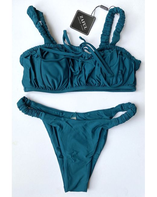 Zaful  Blue Teal Ruffled Bikini 10 M Swimwear Set Bnwt