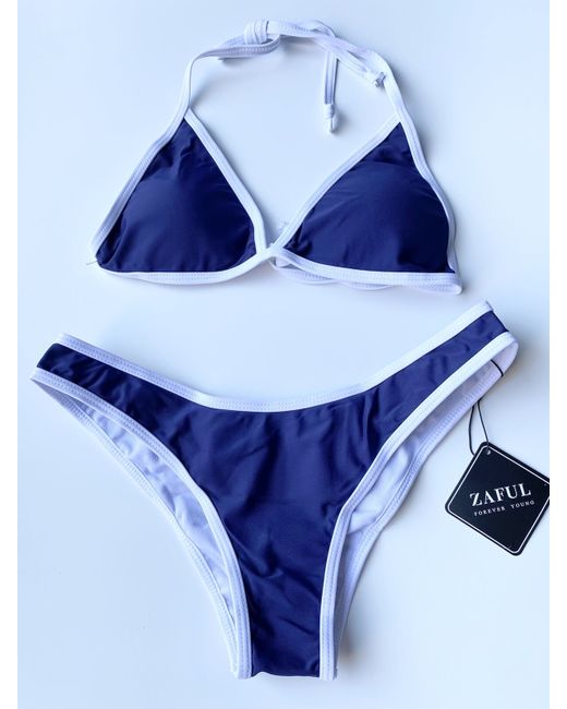 Zaful  Blue With White Contrast Trim Top Bottoms Swimwear Bikini Set Bnwt 12