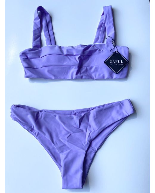 Zaful  Purple Bandeau Top Wide Straps Bottoms Swimwear Bikini Set Bnwt 12