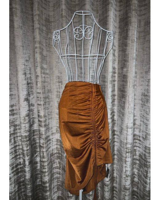 Zaful  Brown Tan Satin Ruched Midi Skirt 12 Bnwt