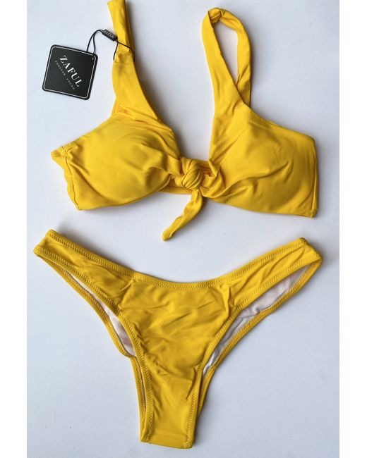 Zaful  Yellow Tie Front Top Ruched Back Bottoms Swimwear Bikini Set Bnwt 10