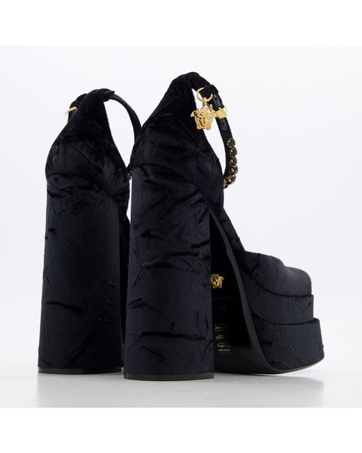 Versace Women's Black Medusa Aevitas Crushed Velvet Platform Heels 1002005