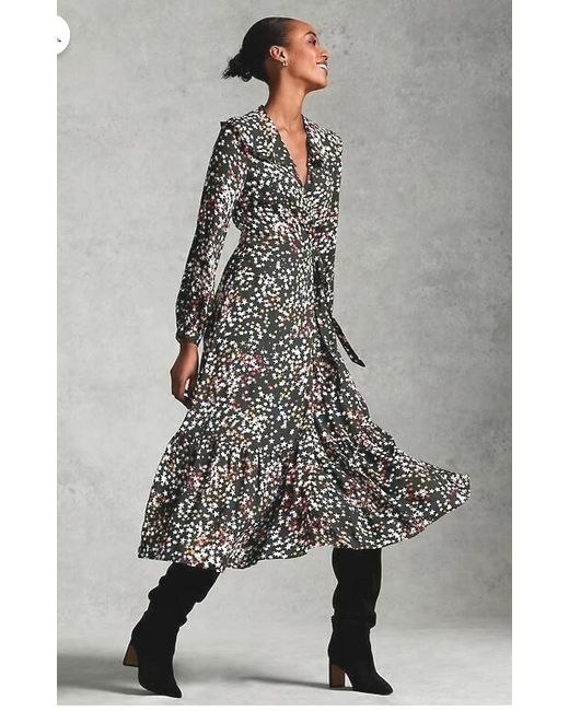 Marks & Spencer Women's Black Ms X Ghost Holly Ruffle Star Print Wrap Midi Long Dress 14 New