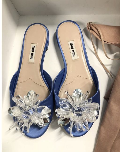 Miu Miu Satin Flat Slides Transparent Beaded Flower Eu36 Uk3 Us6 Rrp 590 Da Women Di Colore Blu