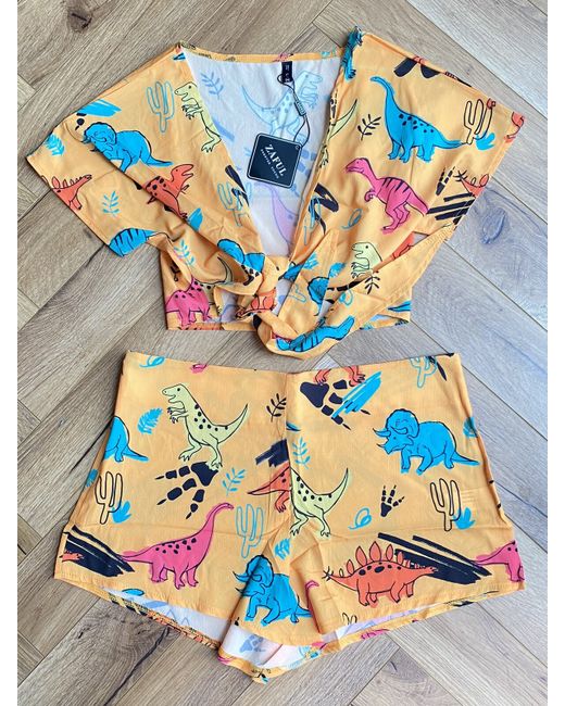 Zaful  Yellow Dinosaur Co Ord Set Two Piece Summer Holiday Beach Pool L 12