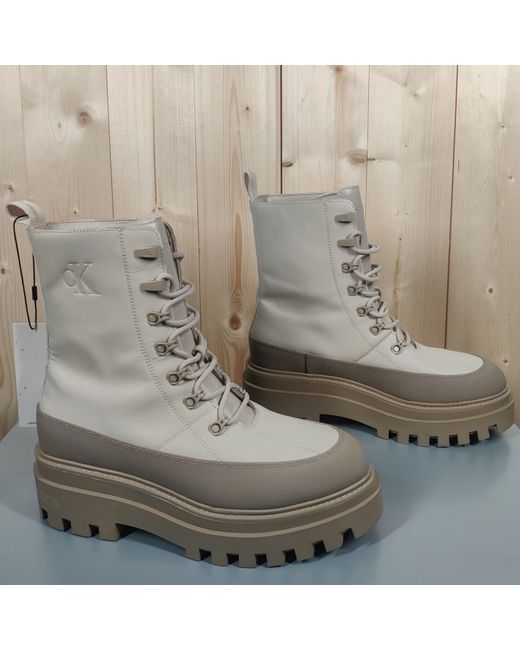 Calvin Klein  Beige Jeans Womens Leather Boots Uk 7 Big Logo Bnwt Women