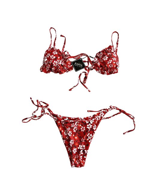 Zaful  Floral Womens Sexy Brazilian Swimsuit Frill Trim Ribbed String Bikini L