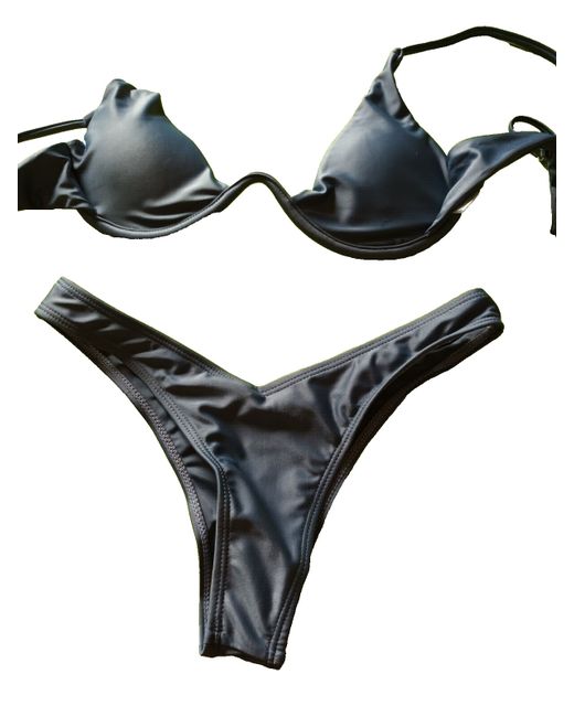 Zaful  Gray Grey Underwired Push Up Plunge Bikini Brief Set Uk Small