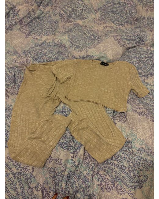 Casual Wear Oatmeal Ribbed Crop Top Set. Lounge Wear Casual  Di Colore Beige