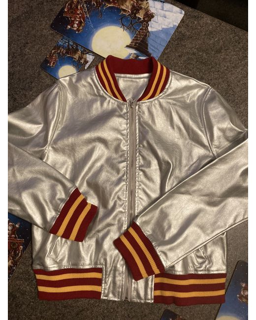 Zaful  Silver 8 10 12 Bomber Jacket Pvc Zipper Knitted Hem Cuff Abba 1970s