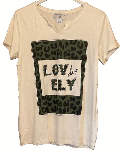 Rick Cardona 14 Ecru Lovely Day Short Sleeve Animal Print T-Shirt Top  Di Colore Bianco