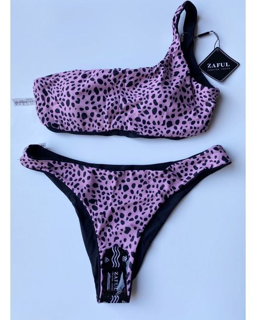 Zaful  Pink Black Leopard Bikini Top Bottoms Reversible Swimwear Set Bnwt 12