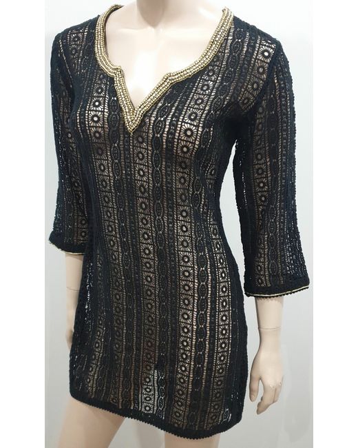 Hurley  Black Elizabeth Beach Gypsy Gold Beaded Crochet Tunic Dress S Bnwt