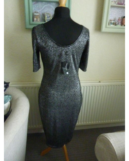 Marina Kaneva  Silver 14 Sh/Sl Scoop Neck Fitted Black Lurex Dress Bnwt
