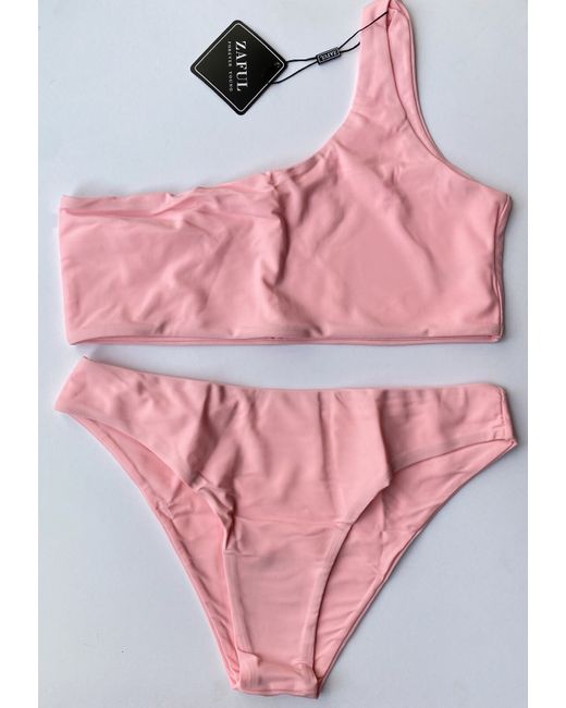 Zaful  Pink Asymmetrical Nonpadded Top Bottoms Swimwear Bikini Set Bnwt 10