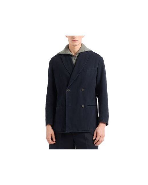 Emporio Armani Men's Blue Regular Fit Double Breasted Cotton Blazer