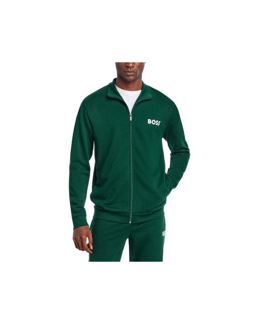 Boss Women's Green Ease Cotton Logo Print Full Zip Jacket Regular Fit