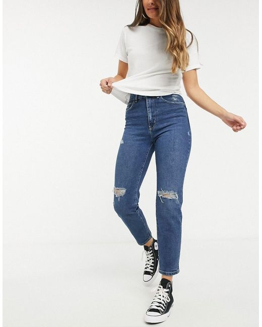 Enten Rondsel namens Stradivarius slim mom jeans with stretch and rip detail in medium in Blue |  Stylemi