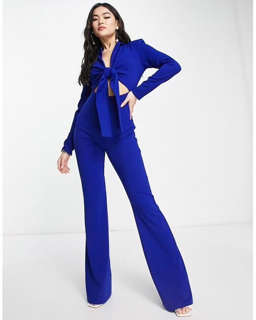 Asos Design tux knot front long sleeve kick flare jumpsuit in