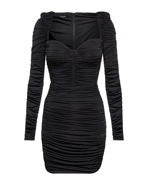 Hollis Mini Dress - Ruched Long Sleeve Plunge Neck Dress in Black