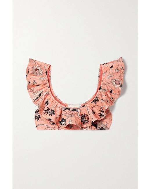 Ulla Johnson Azores Ruffled Printed Bikini Top in Pink