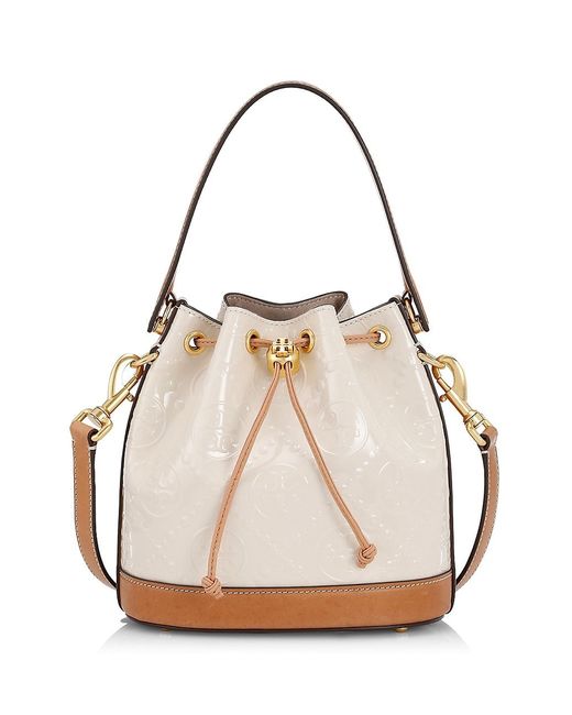 Tory Burch T Monogram Perforated Leather Mini Bucket Bag In Ivory