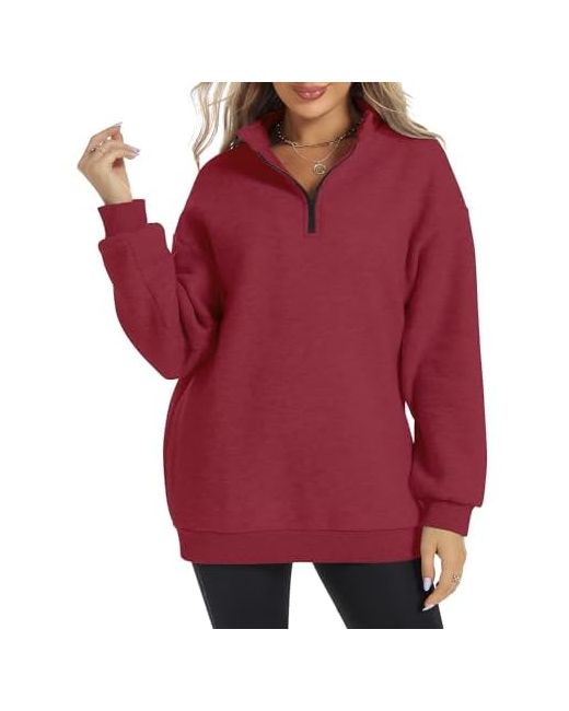 Roylamp Womens Oversized Half Zip Pullover Stand Collar Long Sleeve Drop Shoulder Sweatshirt Fashion Fleece Winter Outfits Medium Wine  Di Colore Rosso