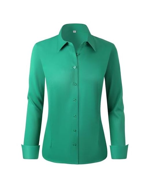 Bbibbi  Green Regular Petite Tall Xs-6xl Womens Stretch Long Sleeve Button Down Dress Shirts Solid Business Casual Work Blouse Small 00055emerald