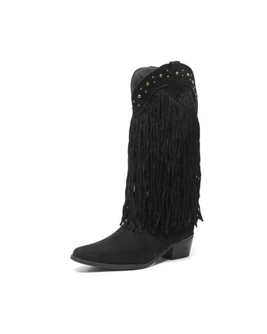 Amoji Women's  Western Cowboy Boots Pointed Toe Cowgirl Knee High Pull On With Zipper 307 8 307-Blacktassels