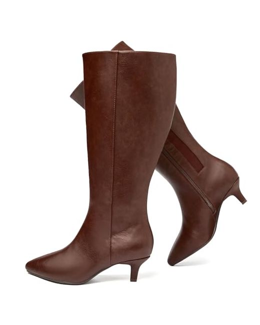 Ruiee  Brown Womens Extra Wide Calf Knee High Boots True Width Long Slouchy For Ladies Low Flat Heel Casual Combat Tall Women. 8.5 X-Wide Pu 371