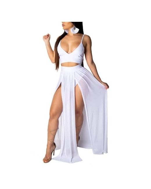 Mintsnow Sexy 2 Piece Outfits Dress Chiffon Strap Deep V Neck Bra Crop Top High Split Maxi Dresses Skirt Set Small Da Women Di Colore Bianco