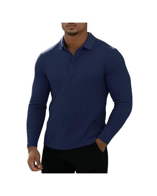 Musclecmdr  Blue Muscle Cmdr Mens Cotton Shirts Slim Fit Business Casual Tee Longshort Sleeve Ribbed Polo V Neck Shirt Medium Long