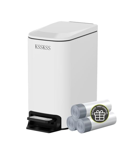 Ksskss Small Bathroom Trash Can With Soft Close Lid 6 Liter 1.6 Gallon Stainless Steel Garbage Removable Inner Bucket Step Pedal Slim Wastebasket For Bedroom Home Office Whit  Di Colore Bianco