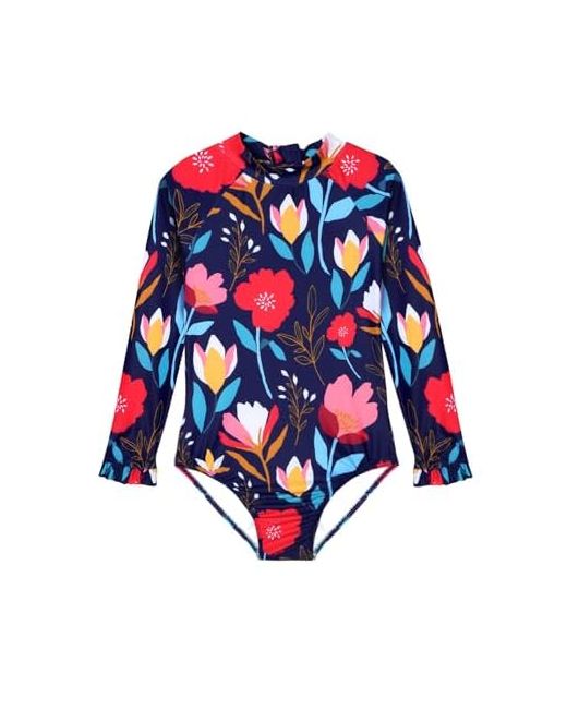 Alakuoti  Blue Long Sleeve One Piece Ruffle Swimsuit For Toddler Girls Baby Girl Rashguard Shirt With Upf 50 Sun Protection Flower 1-2t