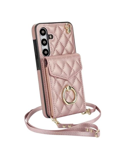 Ximand  Multicolor For Samsung Galaxy S24 Wallet Case With Ringhigh Stylish Luxury Leather Accordion Card Holderanti-Drop Lanyardmulti-Functional Ring Standprotective Case.Rose Gold Rose Sam