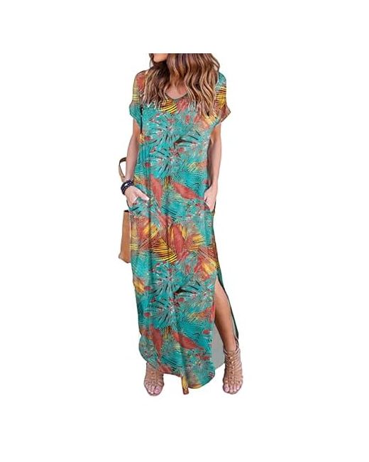 Husakry  Green Huskary Womens Summer Maxi Dress Casual Loose Pockets Long Short Sleeve Split Dresses X-Small Army 01