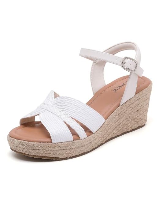 Ruiee Official  White Wide Width Wedge Sandals For Women Ankle Strap Cute Bowknot Open Toe Summer Shoes Platform Espadrille Dressy Sandals. 11.5 X-Wide 8011