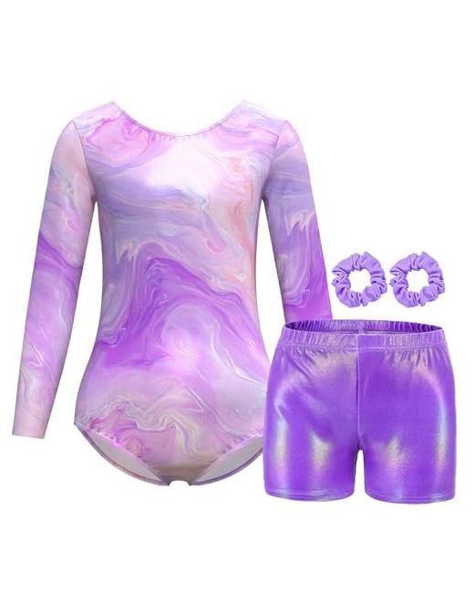 Molldan   Gymnastics Leotard For Girls Long Sleeve Biketard Unitard Tumbling Activewear Kids Colorful Marble-D 8y8-9 Years