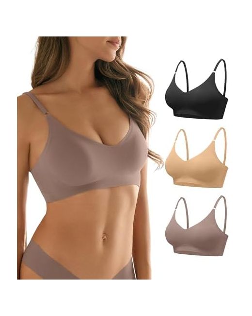 Deangelmon  Purple V Neck Bra Padded Seamless Adjustable Straps Bralettes Everyday Basic Sleeping Bras Multiple Pack New Version-Blacknude Large